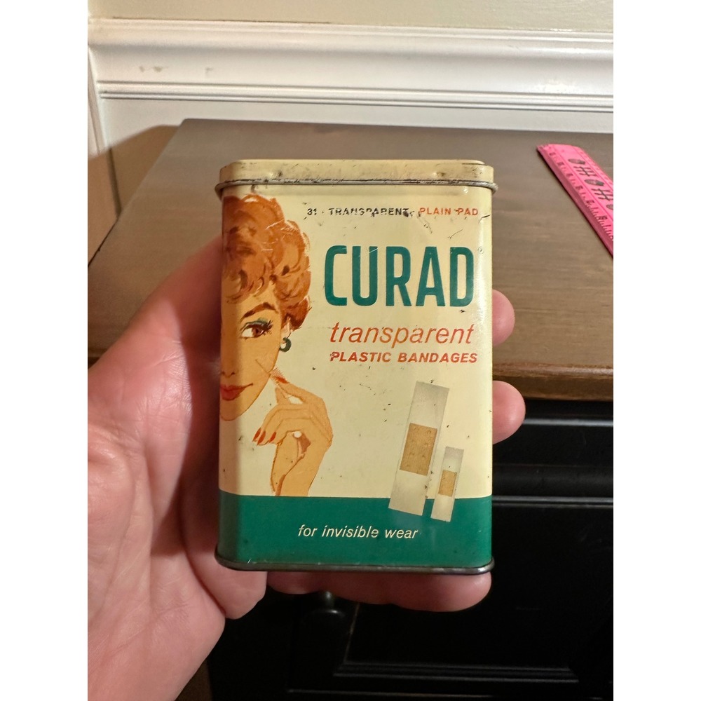 Vintage Curad Transparent Plastic Bandages Metal Tin 49 Cent Graphics Curity